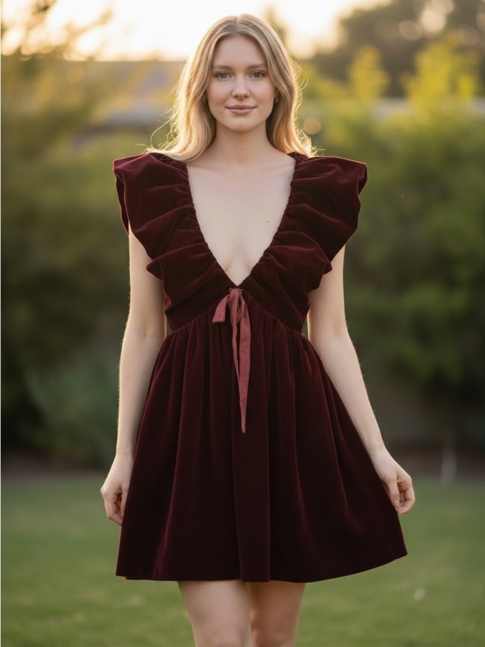 english rose Burgundy Velvet Ruffle Tie-Front Mini Dress
